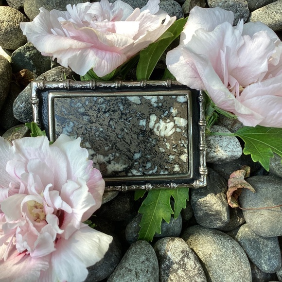 Vintage Bright Pyrite Artisan Stone On Outlined Rectangular Metal Belt Buckle - Picture 2 of 13